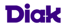 Diakin logo, violetilla teksti "Diak".